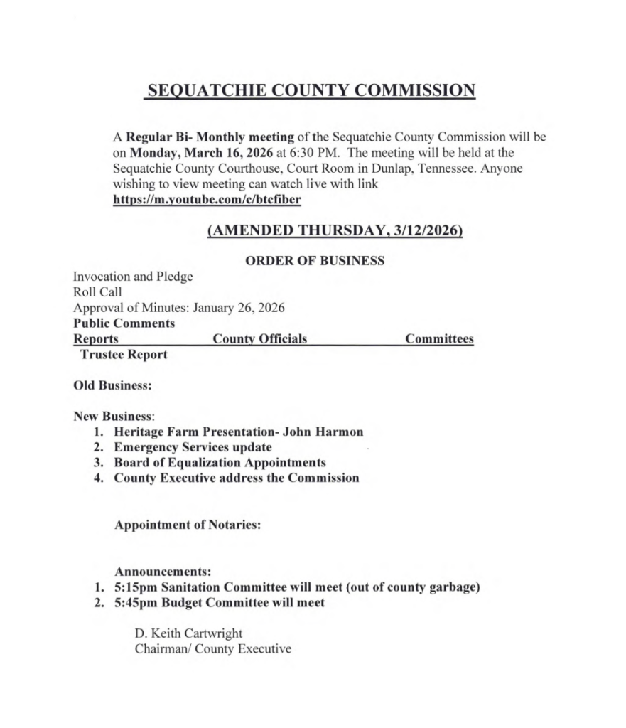 Featured image for: The (Amended)Sequatchie County Commission Meeting Agenda for 03/16/26