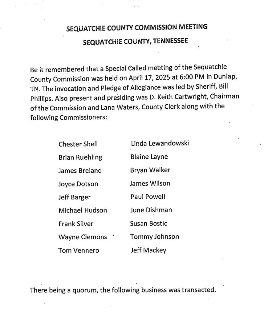 Featured image for: Sequatchie County Special Call Commission Meeting Minutes 04/17/25