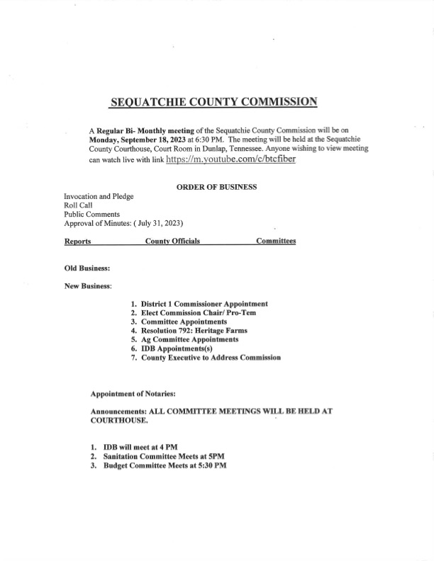 Featured image for: Sequatchie County Commission Agenda 9/18/2023