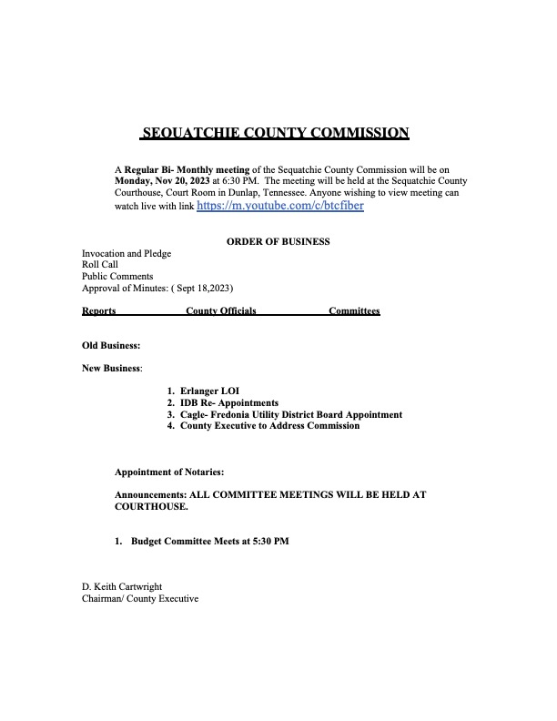 Featured image for: Sequatchie County Commission Agenda 11/20/2023