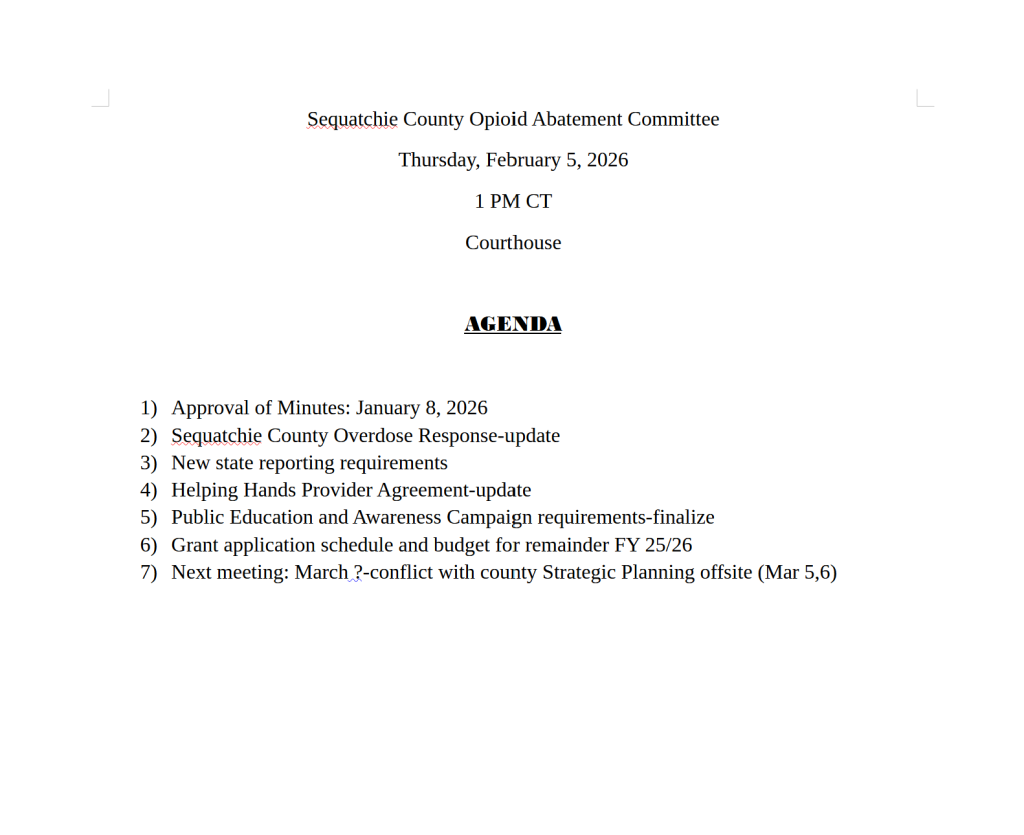 Featured image for: Sequatchie County Opioid Abatement Committee Agenda 02/05/26