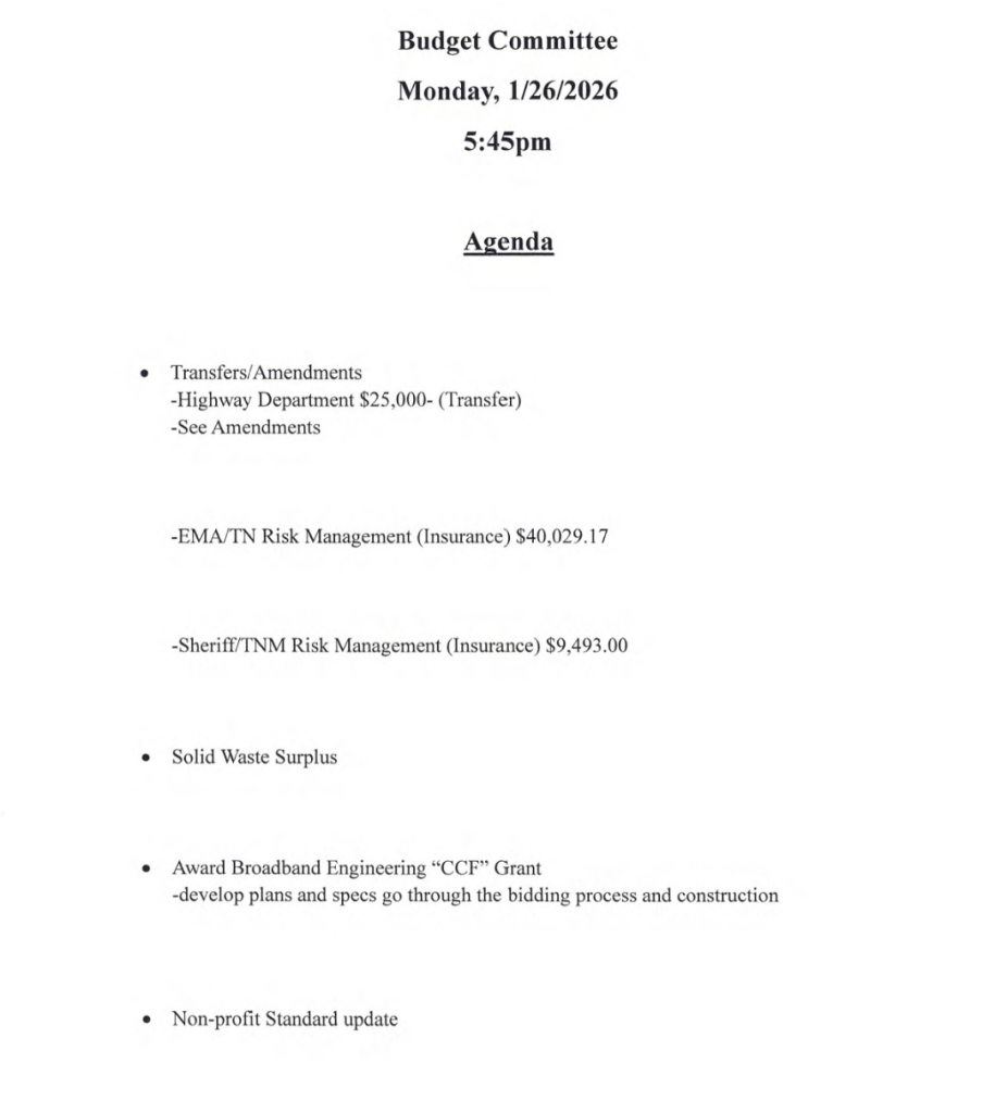 Featured image for: Budget Committee Meeting Agenda 1/26/26