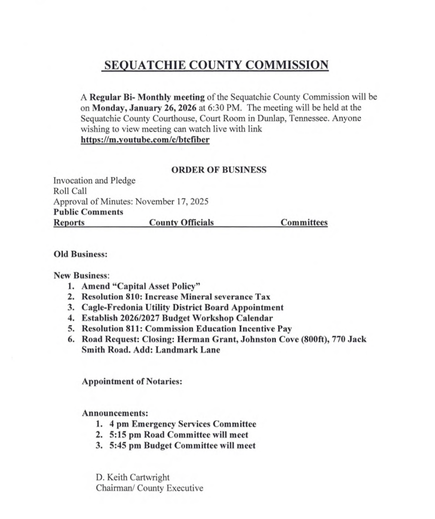 Featured image for: Sequatchie County Commission Meeting Agenda 1/26/26