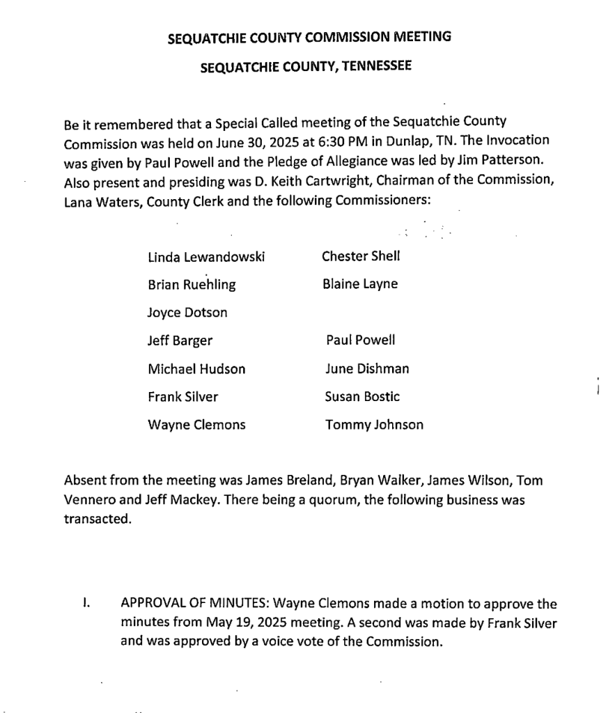 Featured image for: Sequatchie County Special Call Commission Meeting Minutes 06/30/25