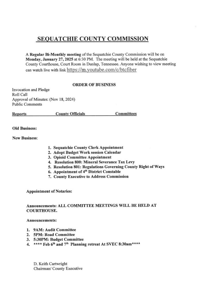 Featured image for: Sequatchie County Commission Meeting Agenda 01/27/25