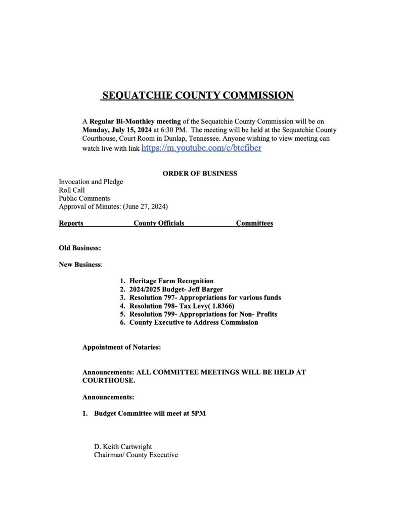 Featured image for: Sequatchie County Commission Agenda 07/15/24
