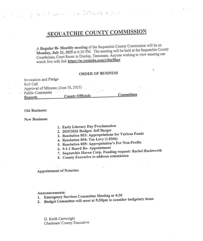 Featured image for: Sequatchie County Commission Meeting Agenda 07/21/25