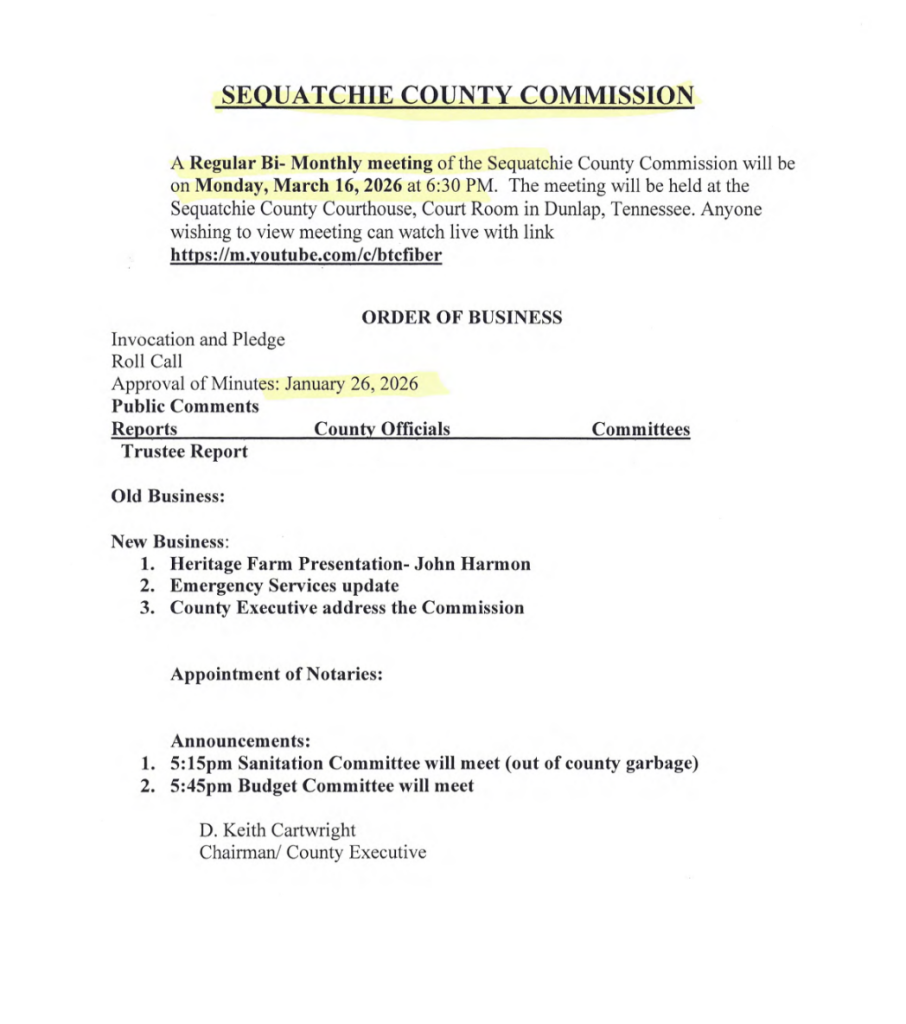 Featured image for: Sequatchie County Commission Meeting Agenda 03/16/26