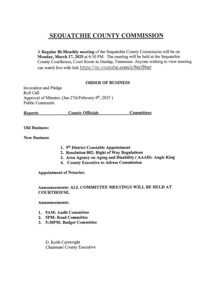 Featured image for: Sequatchie County Commission Meeting Agenda 03/17/2025