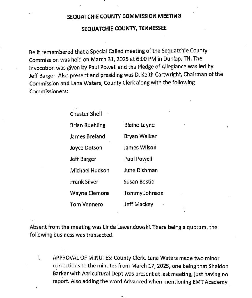 Featured image for: Sequatchie County Special Call Commission Meeting Minutes 03/21/25