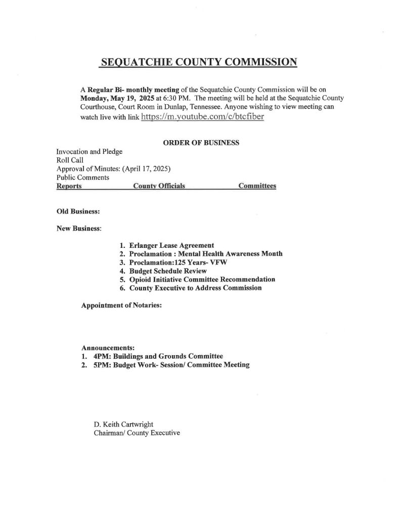 Featured image for: Sequatchie County Commission Meeting Agenda 05/19/2025