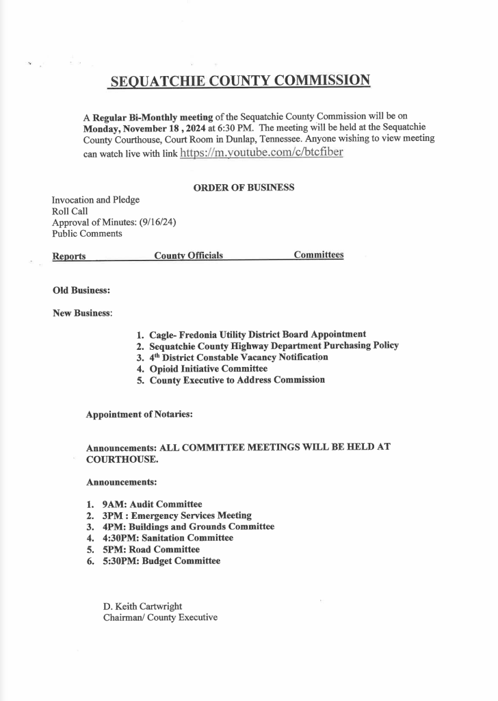 Featured image for: Sequatchie County Commission Meeting Agenda 11/18/24