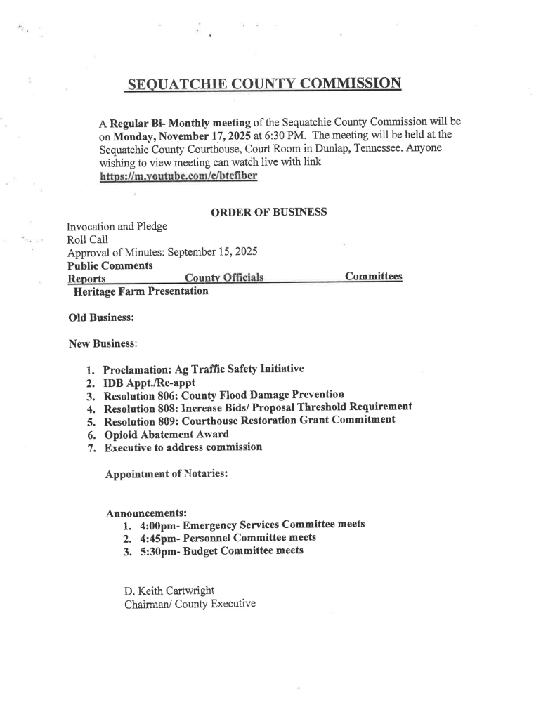 Featured image for: Sequatchie County Commission Meeting Agenda 11/17/25