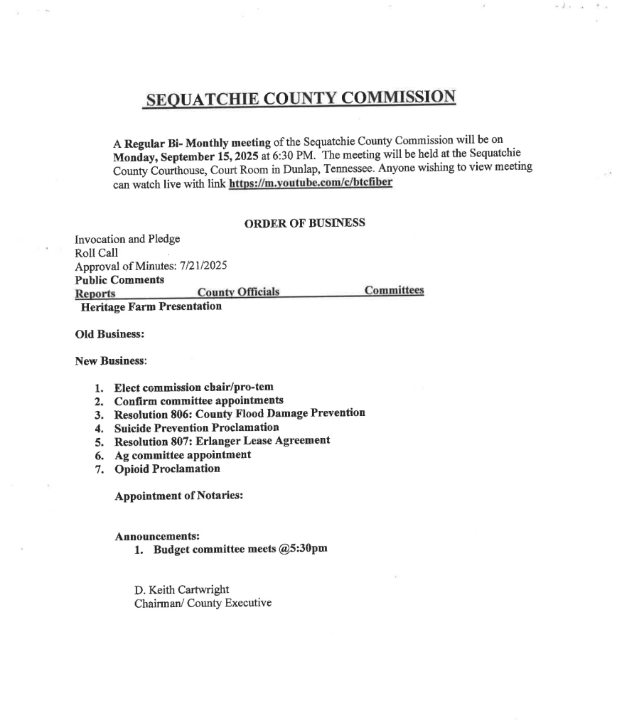 Featured image for: Sequatchie County Commission Meeting Agenda 09/15/25