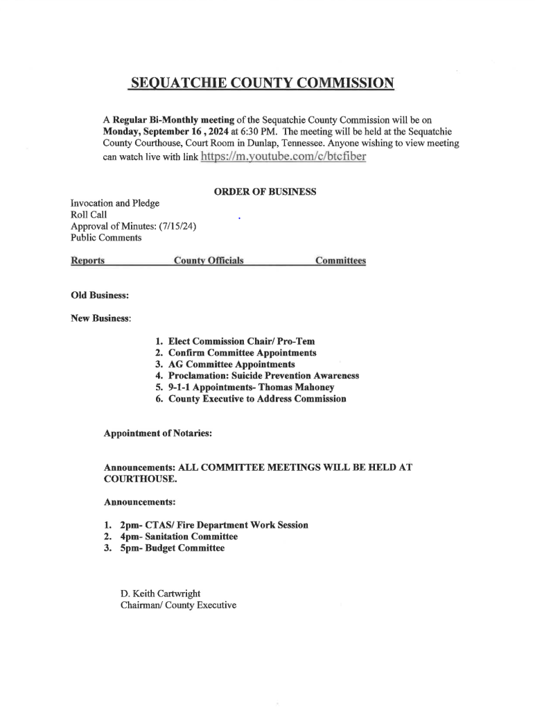 Featured image for: Sequatchie County Commission Meeting Agenda 09/16/24