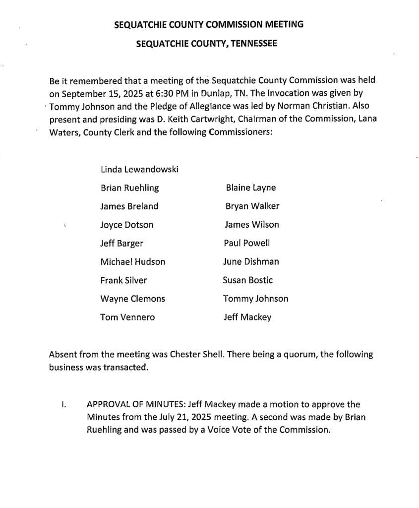 Featured image for: Sequatchie County Commission Meeting Minutes 09/15/25